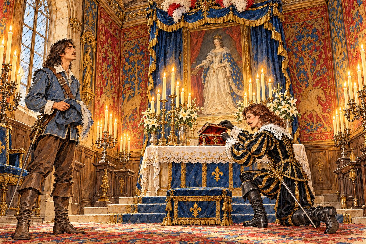 Buckingham galloped through London without slowing and led d'Artagnan, with a little gold key, into a hidden chapel. Under a blue canopy hung a full-length portrait of Anne of Austria, so lifelike she seemed about to speak. The duke knelt before it and opened the casket of diamond studs.