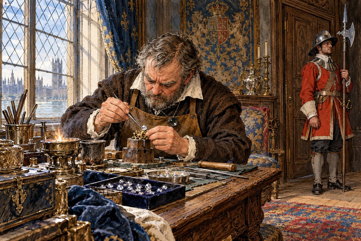 The Irish goldsmith O'Reilly asked eight days to copy the two studs. Buckingham offered double the price for two days and kept him prisoner in the palace, with a sentinel at every door. By eleven on the second morning the copies were so perfect the duke himself could not tell new from old.