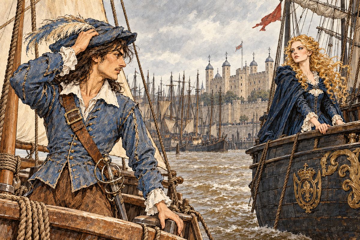 D'Artagnan would not take English gold. He had served his queen, not the duke: "Proud as a Gascon." He did accept four fine horses for his friends, to make war with. Sailing down the Thames past fifty ships stopped by the embargo, he glimpsed on one deck the fair woman of Meung: Milady.