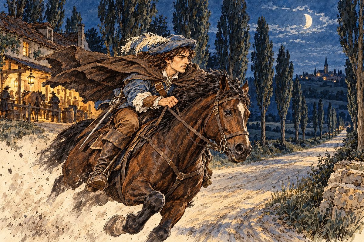 He landed at St. Valery, said "Forward!" to a fisherman's host, and found a saddled horse. The same password brought fresh mounts at Neufchâtel, Eccuis and Pontoise. Nearly sixty leagues in twelve hours later, he galloped into Tréville's yard at nine at night, and Tréville sent him straight to his post at the Louvre.