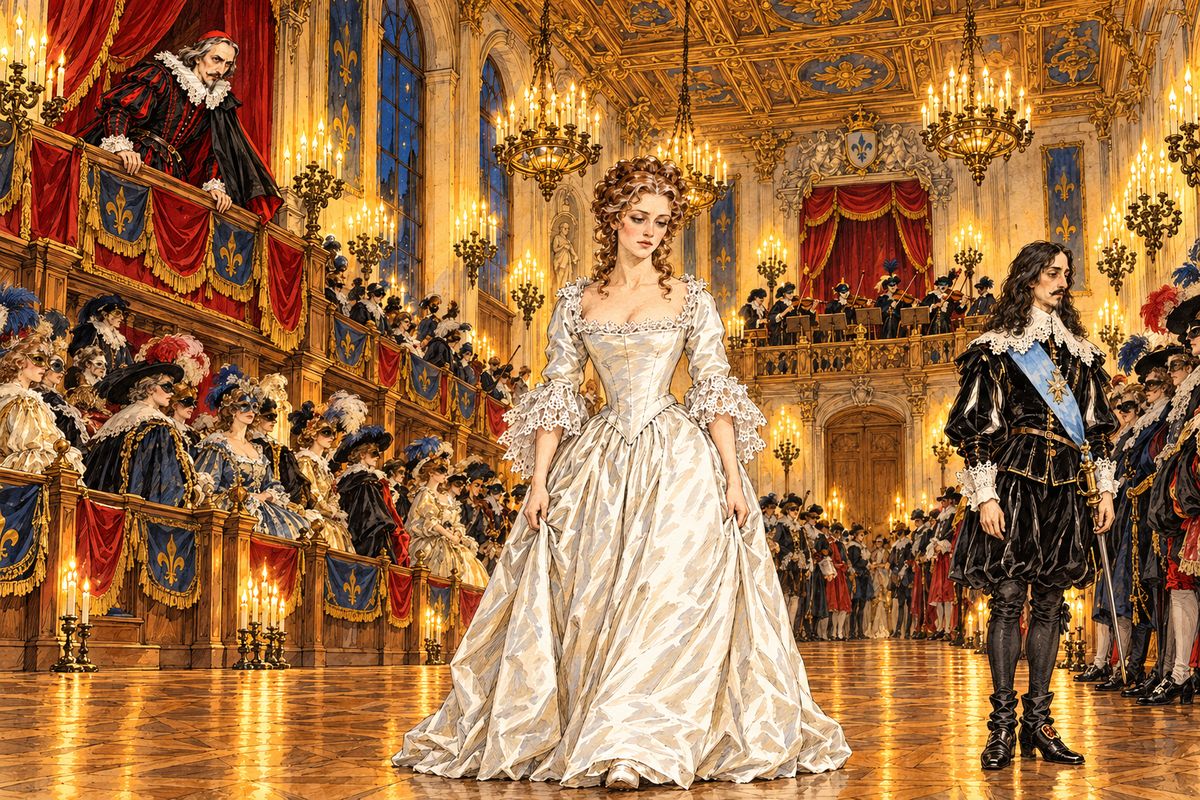 By midnight two hundred wax torches blazed in the Hôtel de Ville, and the king, who had arrived looking dull and preoccupied, waited for the ball. Then the queen entered, weary and pale, with no diamond studs. Above the crowd a gallery curtain drew back, and Cardinal Richelieu, dressed as a Spanish cavalier, fixed his eyes on her and smiled with terrible joy.