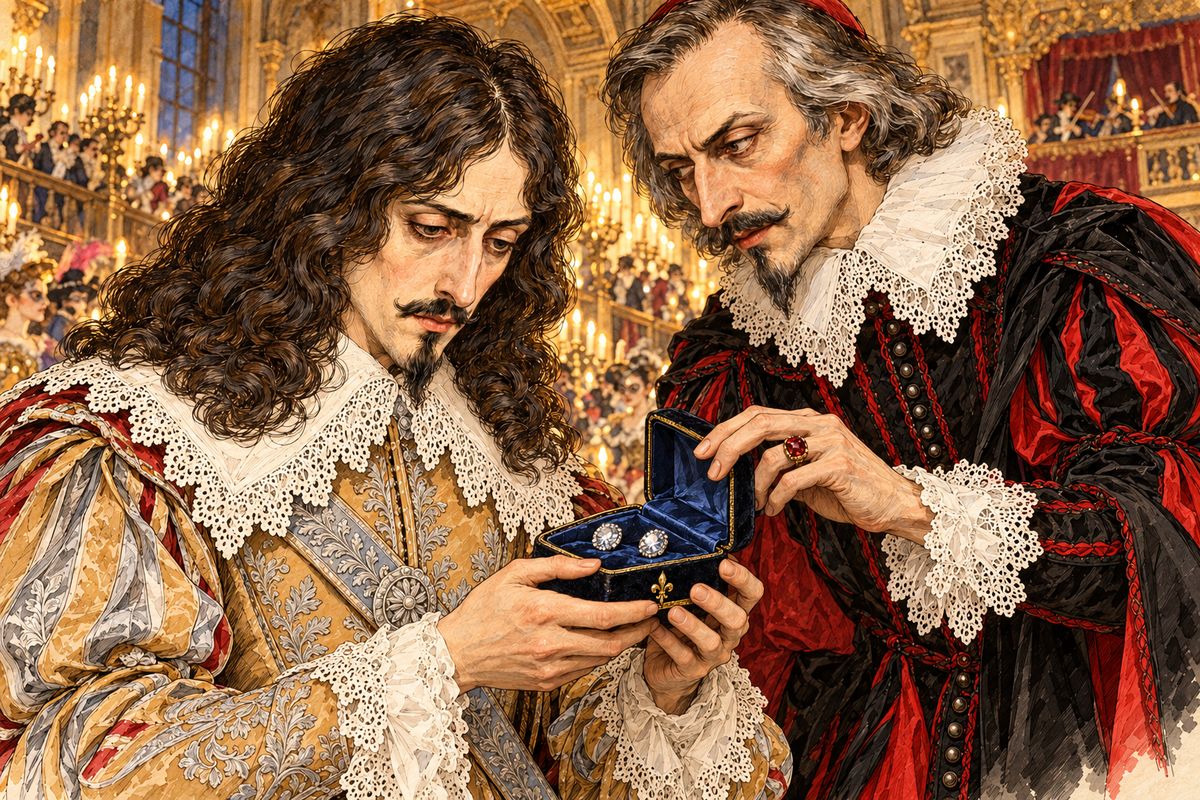The king came out first, dressed as a huntsman and never more royal. The Cardinal stepped up and pressed a small casket into his hand; inside lay two diamond studs. "If the queen has the studs, which I very much doubt, count them, sire, and if you find only ten, ask her Majesty who has stolen the two that are here."