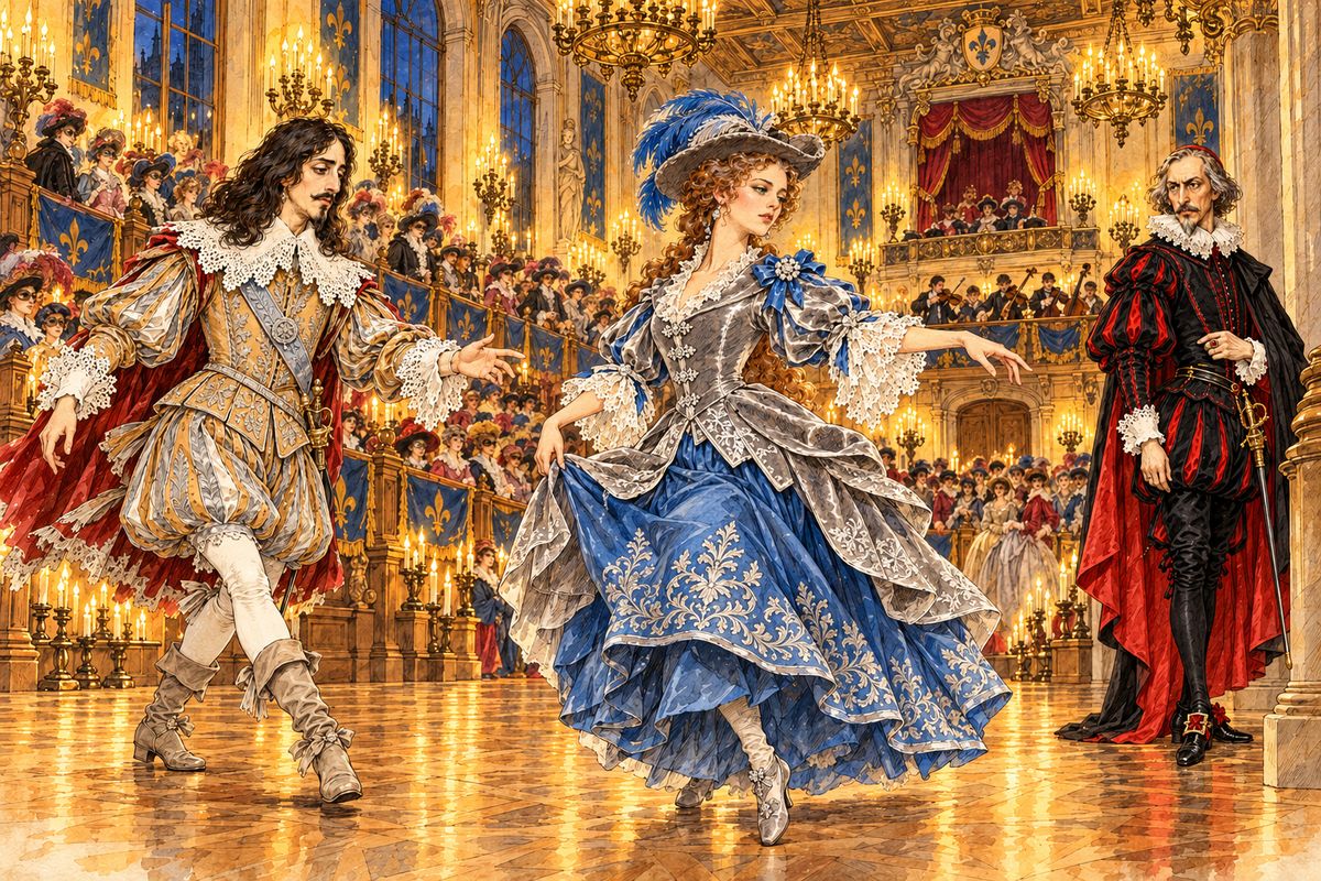 Then a cry of admiration rose: the queen returned as a huntress in pearl-grey velvet and blue satin, a beaver hat with blue plumes, and on her left shoulder a blue bow sparkling with diamond studs. The violins struck up La Merlaison. For an hour, through sixteen figures, the king danced facing her, devouring the studs with his eyes, while cold sweat beaded the Cardinal's brow.
