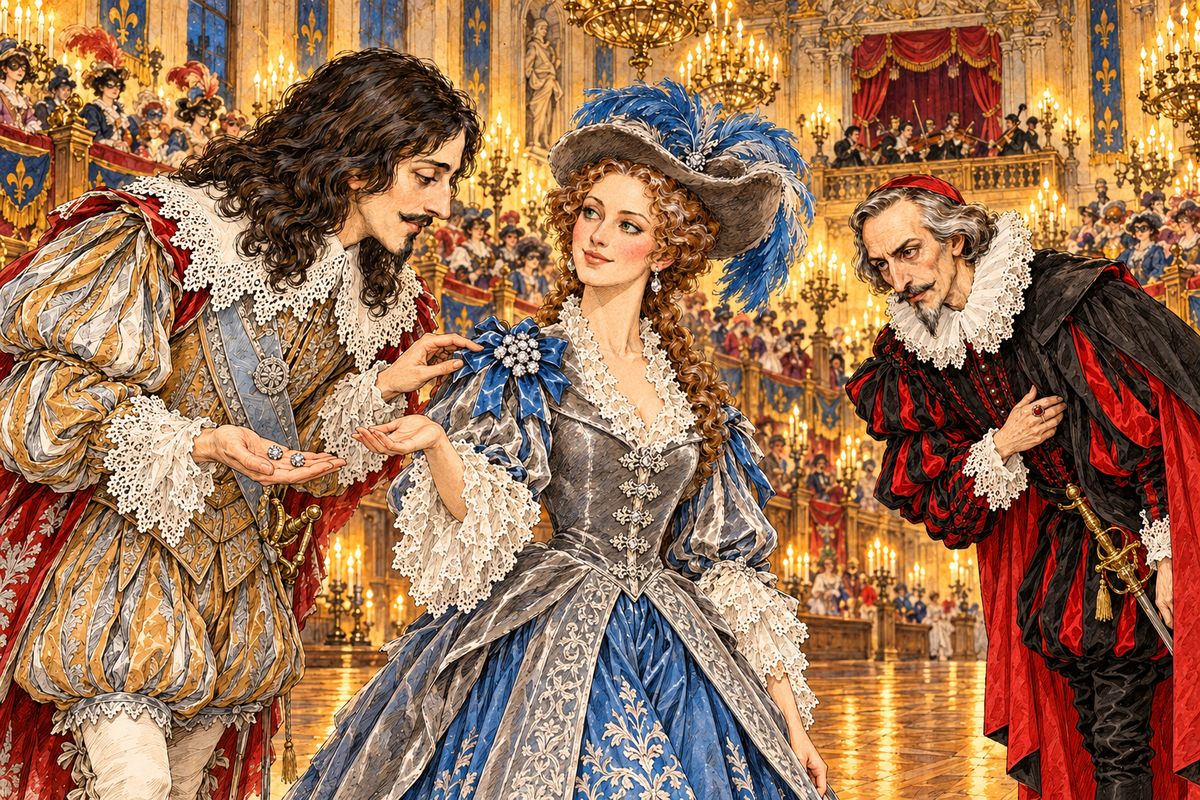 When the ballet ended the king offered her the two studs. "How, sire? Then I shall have fourteen!" He counted: all twelve were on her shoulder. The Cardinal, called to explain, claimed he had only wished to make her a gift. "I am the more grateful," she smiled, "knowing these two alone cost you as much as all the others cost his Majesty."