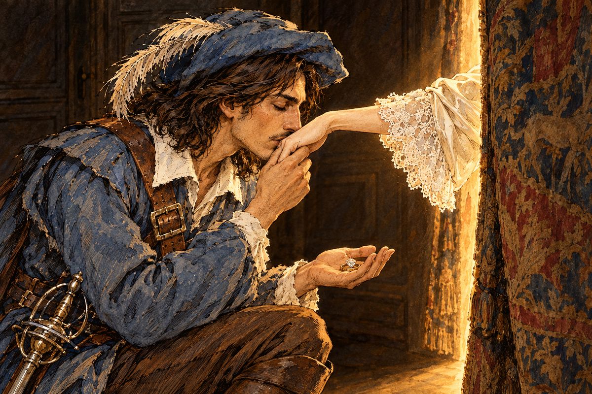 Lost in the crowd, d'Artagnan was leaving when a masked young woman touched his shoulder: Constance, who led him through empty corridors to a dark closet and slipped away. Through the tapestry glided a beautiful white hand. He fell to his knees and kissed it, and when it withdrew, a ring lay in his palm.