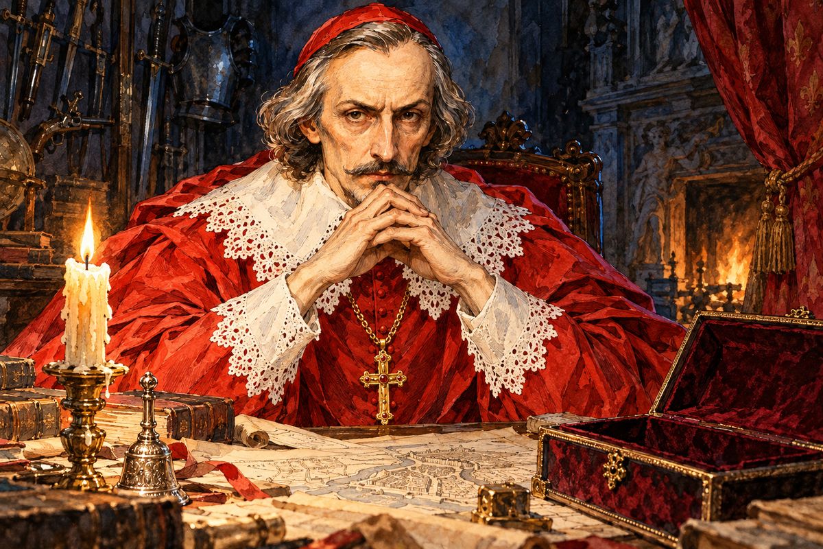 Back in the Palais-Cardinal, long after the violins had stopped, Richelieu sat alone. His snare had failed, and someone had carried the studs back from London under his very nose. The Cardinal did not forget, and he had other agents, among them a fair-haired lady with cold blue eyes, who would soon have work to do.
