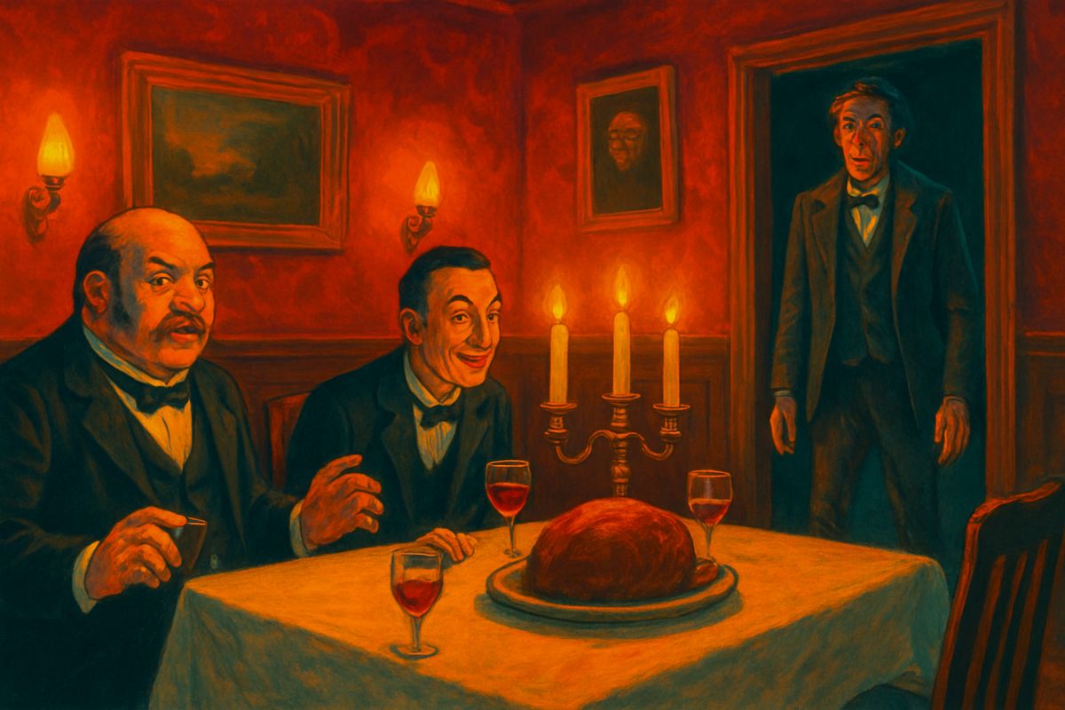 The next Thursday the host was missing. His note asked the Medical Man to start dinner at seven without him. At the table sat new guests: a joking Editor, a young Journalist and a silent bearded man. Then the door opened quietly, and the Time Traveller stood there, dusty, pale and grey, limping in bloodstained socks. "Good heavens! man, what's the matter?"