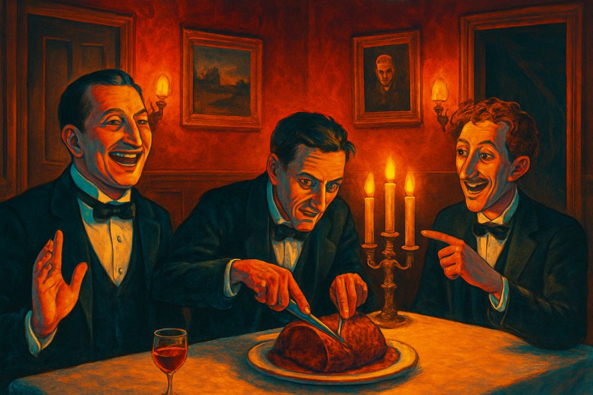 He went up to wash and change, and while he was gone the Editor and Journalist made fun of the whole business. Hadn't they any clothes-brushes in the Future? Then he came back in evening dress and ate mutton like a starving tramp. "Have you been time travelling?" I asked. "Yes," he nodded, his mouth full.