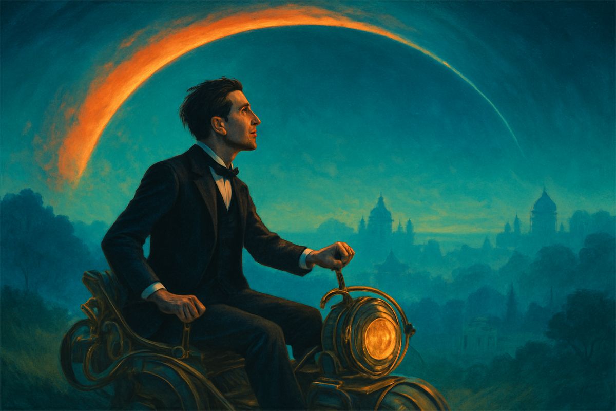 He pushed the lever to its extreme. Night followed day like the flapping of a black wing, until the flicker merged into a deep blue twilight and the jerking sun became a band of fire across the sky. Trees puffed up and vanished like vapour, and great buildings rose faint and fair, and passed like dreams.