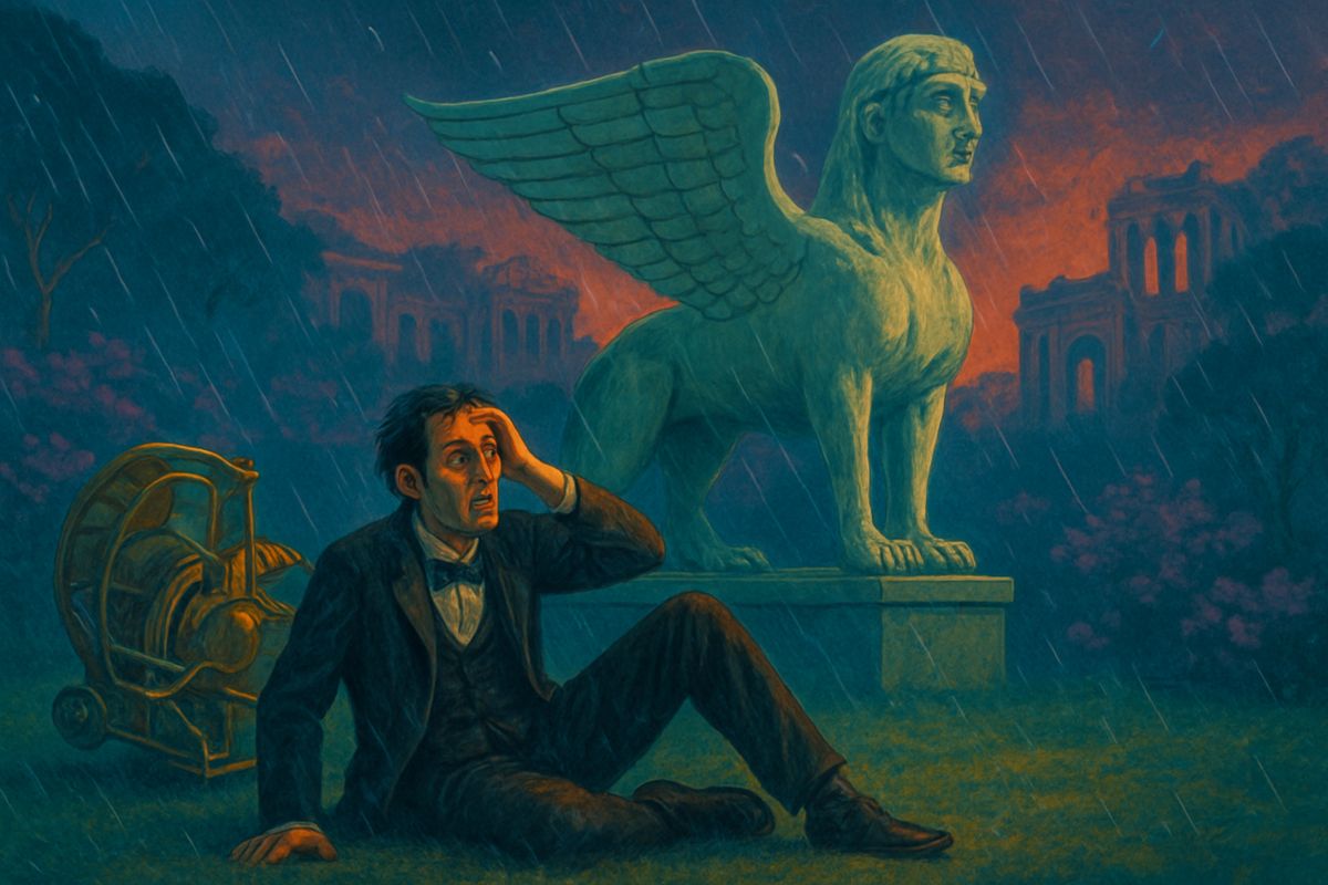 Afraid that stopping might jam him, atom by atom, into some solid wall, he lost his nerve and lugged over the lever. The machine went reeling over and flung him onto soft turf in a pitiless hailstorm. Through the grey downpour loomed a colossal winged sphinx of white marble, weather-worn, with the faint shadow of a smile on its lips.