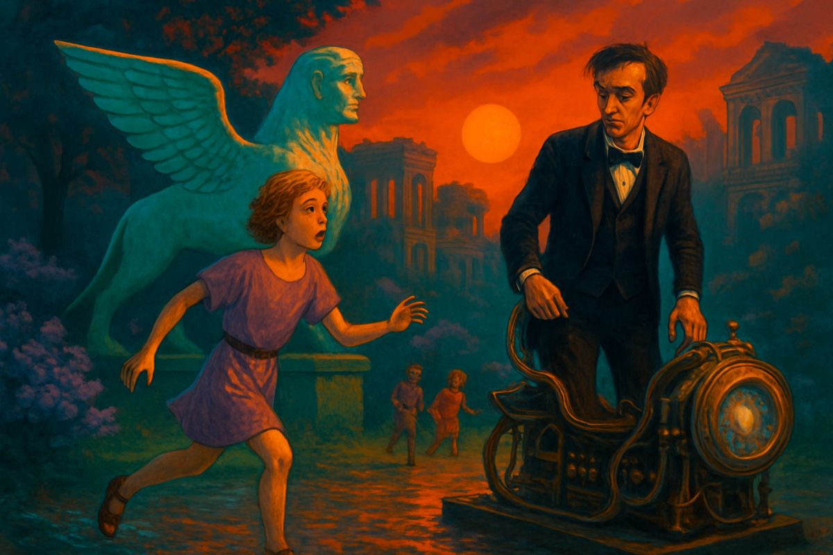 As the sun broke through, panic seized him and he wrestled the machine upright, ready to flee. Then voices came through the bushes by the Sphinx: slight people in rich robes, about four feet high, were running towards him. Seeing how frail and beautiful the first one was, he took his hands from the machine.