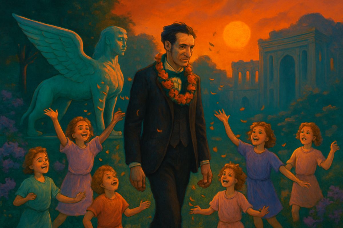 He nodded and gave them a thunderclap so loud that they jumped back and bowed. Then one of them laughed and hung a chain of strange, lovely flowers round his neck, and soon they were all throwing blossoms at him. Covered in flowers, he was led past the smiling White Sphinx towards a huge grey building.