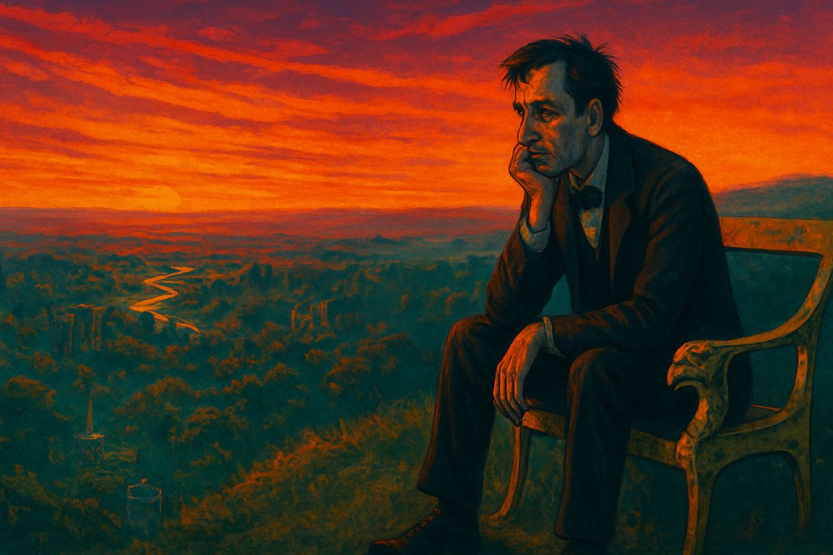 At sunset he climbed alone to a hilltop and sat on a mossy bench of yellow metal with griffin-head arms. Below lay a world made into one garden, full of palaces and ruins and dotted with wells and cupolas. "I had happened upon humanity upon the wane," he thought. Life had grown too safe, and the red sunset seemed like the sunset of mankind.