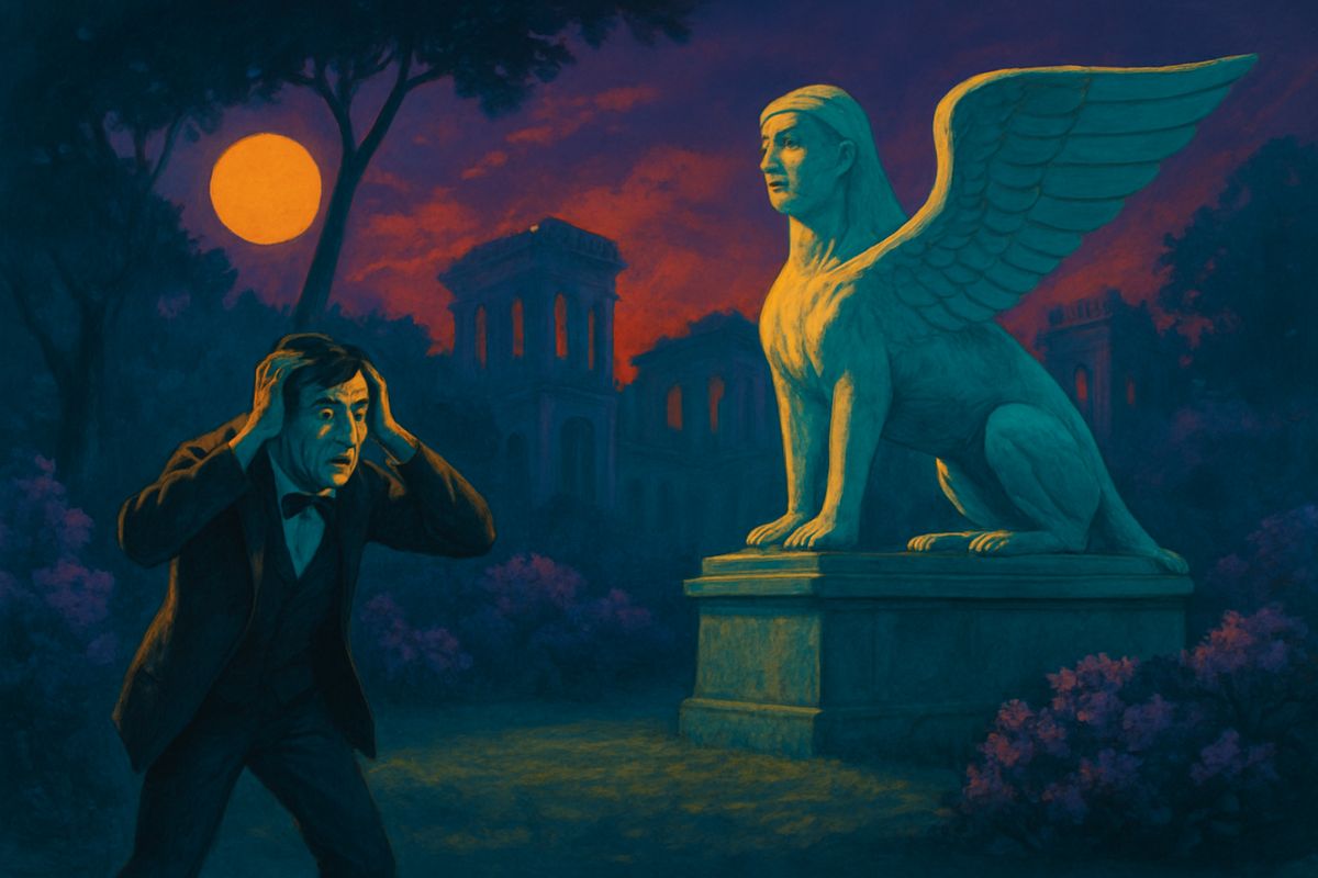 The full moon rose over the White Sphinx. On the little lawn below, where he had left the Time Machine, there was nothing. He ran the two miles down the hill in ten minutes, fell and cut his face, and ran on. Now he circled the empty turf with his hands clutching his hair, while the Sphinx seemed to smile at him in mockery.
