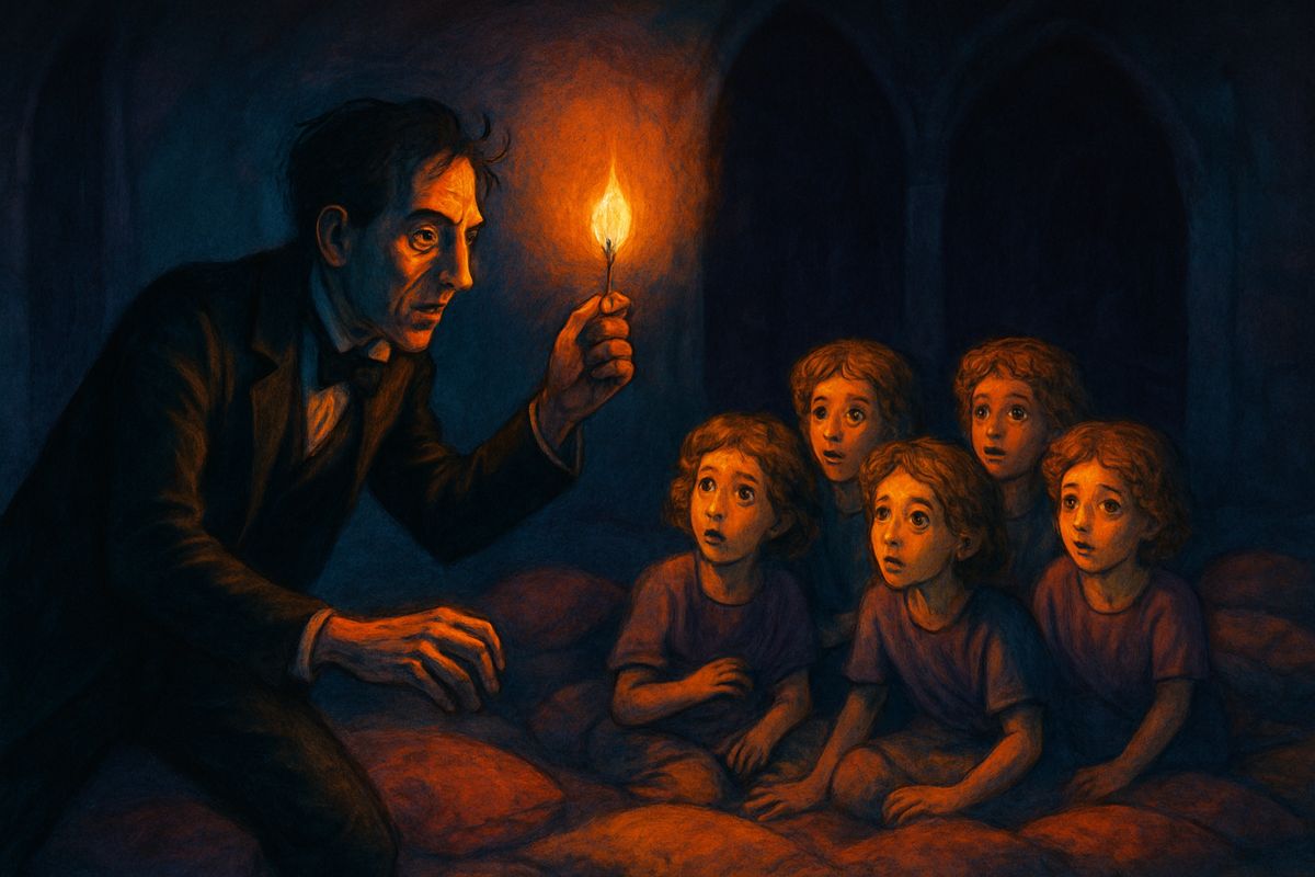 In a frenzy he beat the bushes until his knuckles bled, then stumbled into the dark palace. In a second hall a score of Eloi lay asleep on cushions. He burst in among them with a spluttering match, shaking them awake. 'Where is my Time Machine?' he bawled. Some laughed; most shrank back, sorely frightened, and he fled out again into the moonlight.
