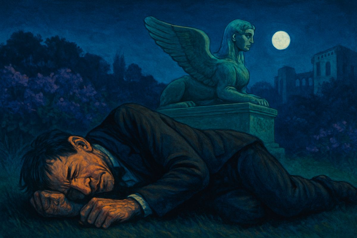 All night he raved among the moonlit ruins, crying out to God and Fate, feeling hopelessly cut off from his own kind. At last, worn out, he lay on the ground beside the Sphinx and wept with utter wretchedness until he fell asleep. When he woke it was full day, and sparrows were hopping on the turf beside him.