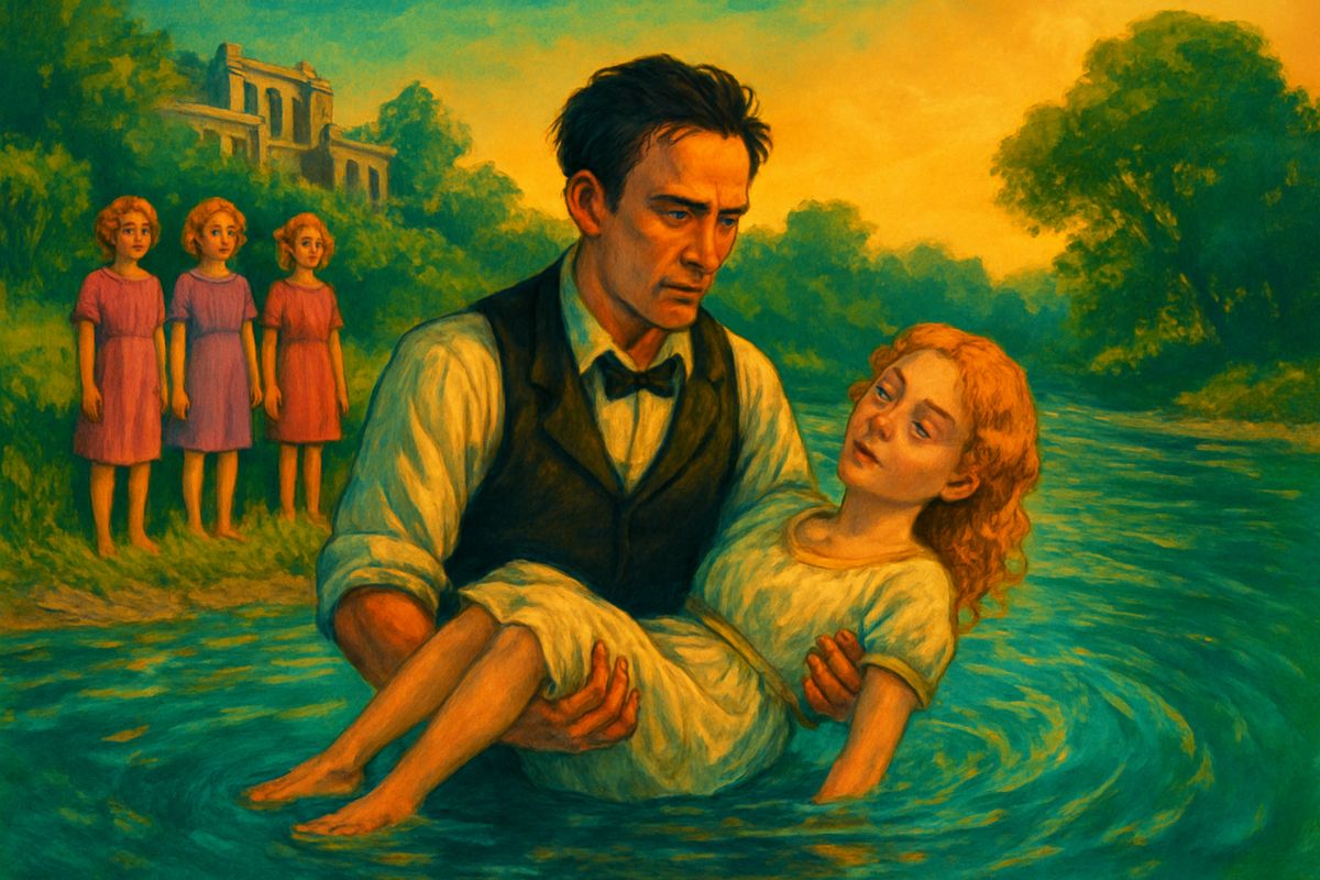 On his third day, still puzzling over this strange world, the Time Traveller saw a little Eloi woman seized by cramp and swept downstream while her friends only watched. None of them tried to help. He waded quickly into the river, caught the poor mite and drew her safely to the bank.