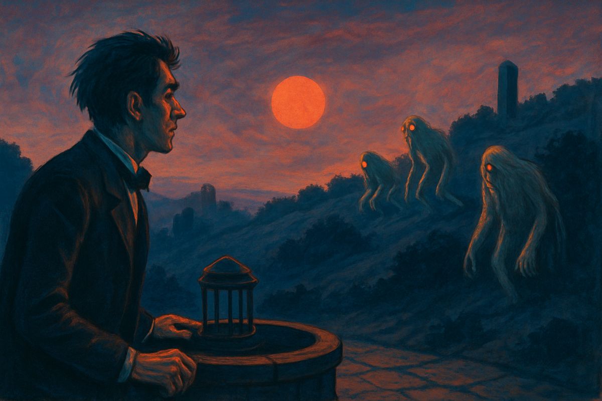 All over the hills stood round, bronze-rimmed wells. A steady draught blew down into them, and from far below came a thud—thud—thud, like a great engine. Waking restless one grey dawn, the Time Traveller stepped outside and saw pale, ape-like figures hurrying up the slope. "They must have been ghosts," he told himself.