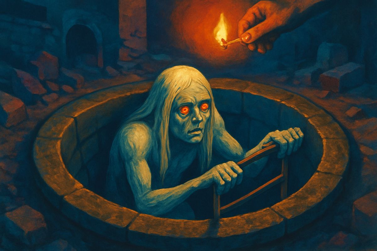 One blazing morning he groped into a dark ruined gallery and froze: two glowing eyes were watching him. A pale thing darted past and fled into another ruin. He followed it, struck a match over a well-shaft, and saw it clambering down metal rungs like a human spider, white and flaxen-haired, with huge eyes fixed on him.