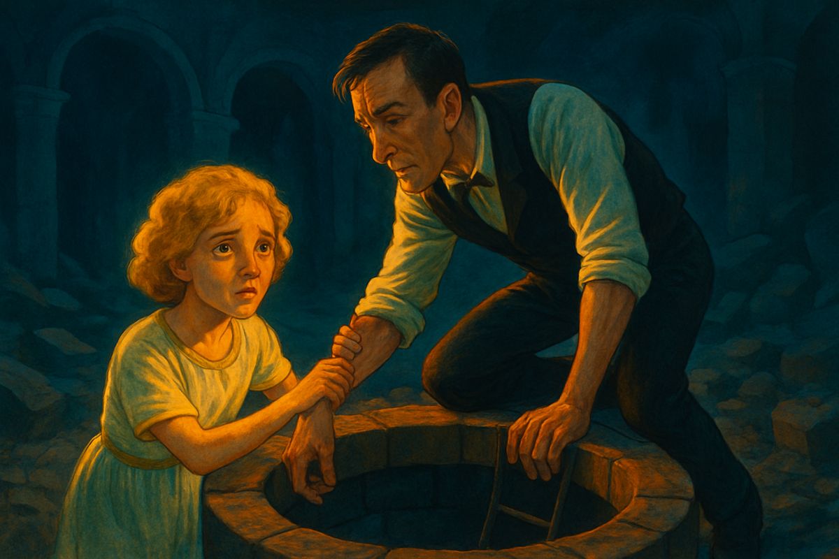 For two days he put it off. He even glimpsed a great green palace far away and told himself he must explore it first. Then he knew he was only dodging his fear, and went to the well in the ruin. When Weena saw him climb over the edge, she gave a piteous cry and pulled at him with her little hands.