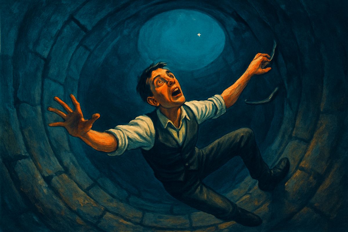 The shaft went down perhaps two hundred yards, and the metal bars were made for creatures far smaller and lighter than he was. Halfway down, one bent under his weight and almost swung him off into the blackness. He hung by one hand. When he looked up again, Weena's head had vanished from the little disc of sky.