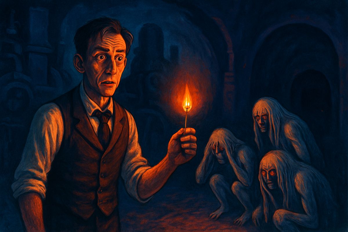 Resting in a side tunnel, he woke to a soft hand touching his face. He struck a match, and pale creatures fled from the light. Further on he found a vast cavern of machines, where Morlocks shrank into the shadows. Some way off stood a little white table laid with a meal of meat. The Morlocks, he realised, ate flesh.