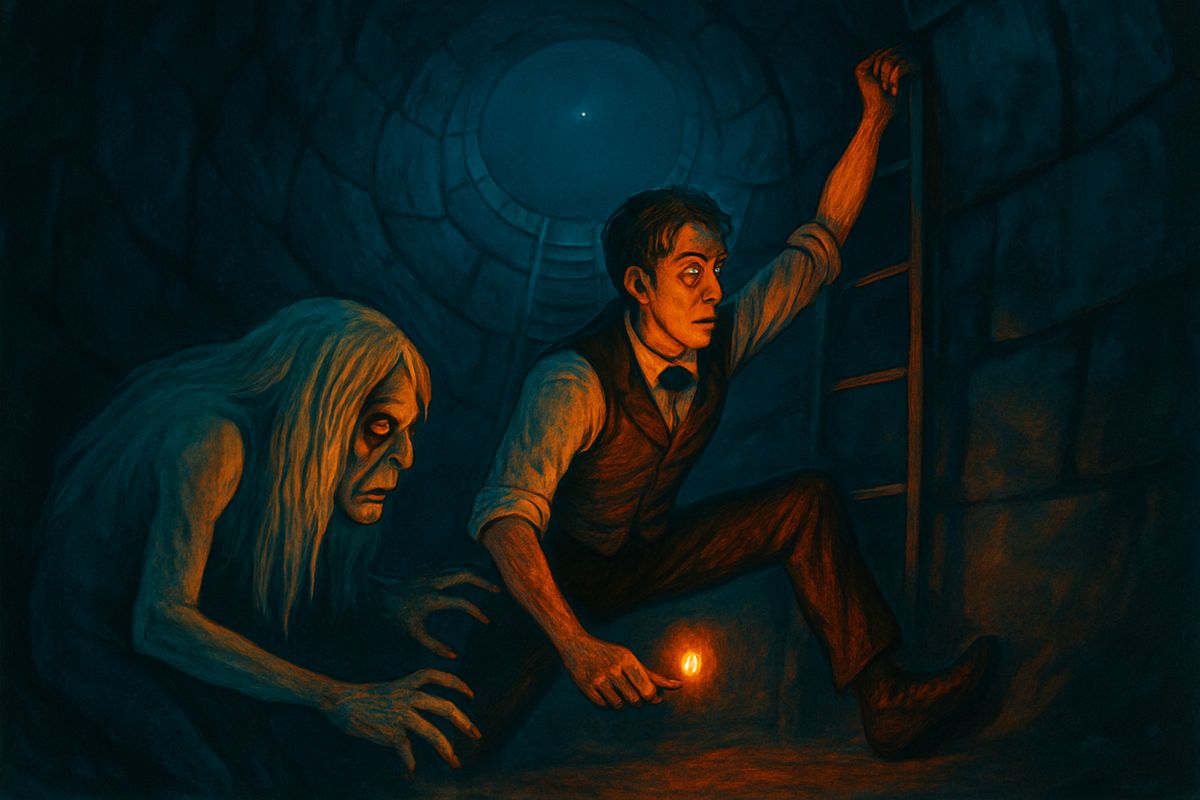 He had only four matches left. In the dark, lank fingers felt his face, plucked at his clothes and pulled him back. He fled down the tunnel, striking one match after another. At the shaft's edge, hands seized his feet. His last match went out at once, but he kicked himself free and scrambled up the bars.