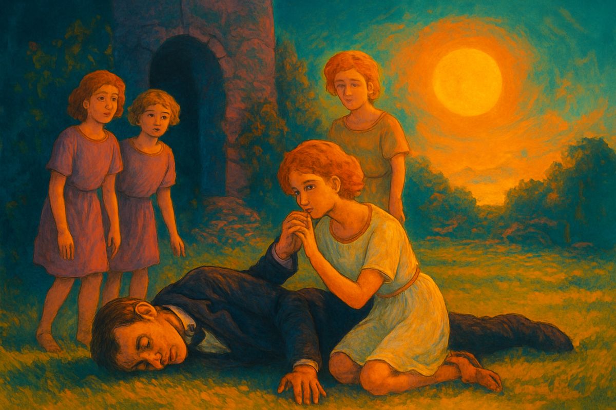 The climb seemed endless, and near the top a deadly faintness almost made him let go. At last he dragged himself over the well-mouth and staggered out of the ruin into blinding sunlight. He fell on his face, and even the soil smelt sweet and clean. Weena was kissing his hands as the other Eloi gathered round.