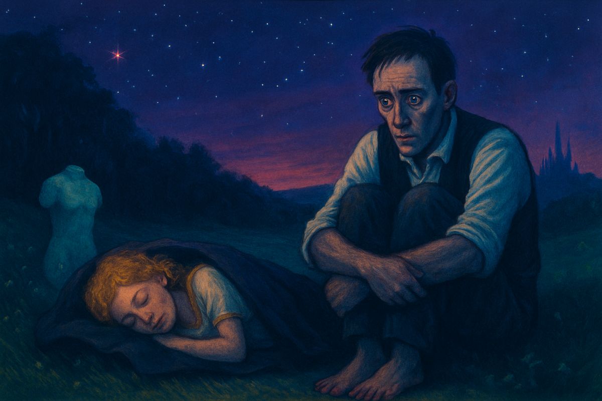 Night fell before they reached it, so he stopped above a black forest and wrapped the sleeping Weena in his jacket. All the old constellations had gone. Gazing up, he suddenly understood what the meat he had seen underground must be. "Yet it was too horrible!" He looked at Weena's sleeping face and pushed the thought away.