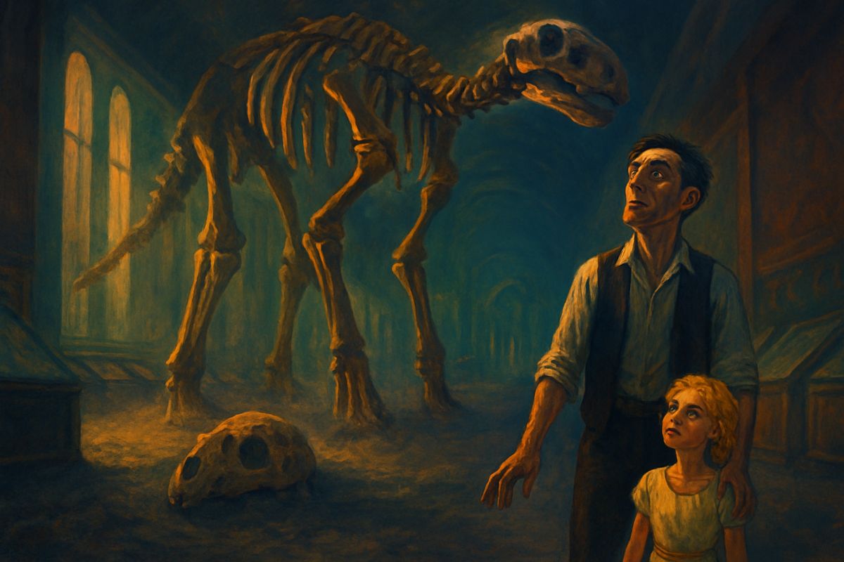 Inside was a dusty ruined museum, like a far-future South Kensington. Giant dinosaur skeletons stood in the thick grey dust, and old glass cases still held fossils. The place was so silent that Weena, who had been playing with a sea urchin, came quietly and took his hand. Further on lay a vast gallery of huge, corroded machines.