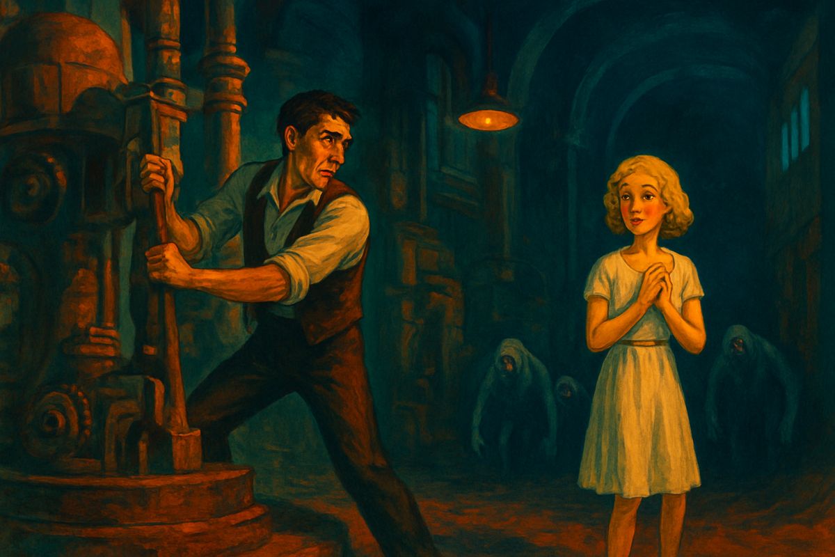 Deep in the machine hall the floor sloped down into darkness, and the dust there was broken by small, narrow footprints. Then came a pattering from below, the same sound he had heard down the well. Weena whimpered as he climbed a machine, threw all his weight on an iron lever and snapped it off — a mace for any Morlock skull.
