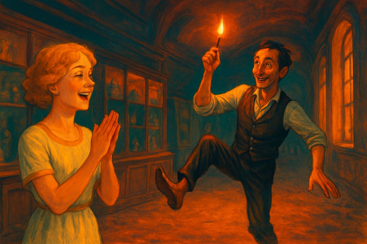 Mace in hand, he led Weena through a library where the books had rotted into brown rags. Upstairs, in an airtight case, he found a box of matches that still worked! "Dance," he cried, and danced for Weena in the dust, whistling. He also found a jar of camphor, which burns like a bright candle, and pocketed it too.
