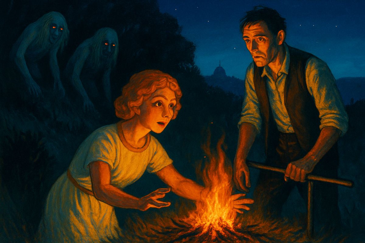 They left the Palace at sunset, his arms full of firewood, but it was full night before they reached the forest. Feverish from two sleepless days, he glimpsed three crouching white figures in the bushes behind them. To cover their retreat he set his sticks alight — and Weena, who had never seen flame, reached for the dancing red tongues as if they were a toy.