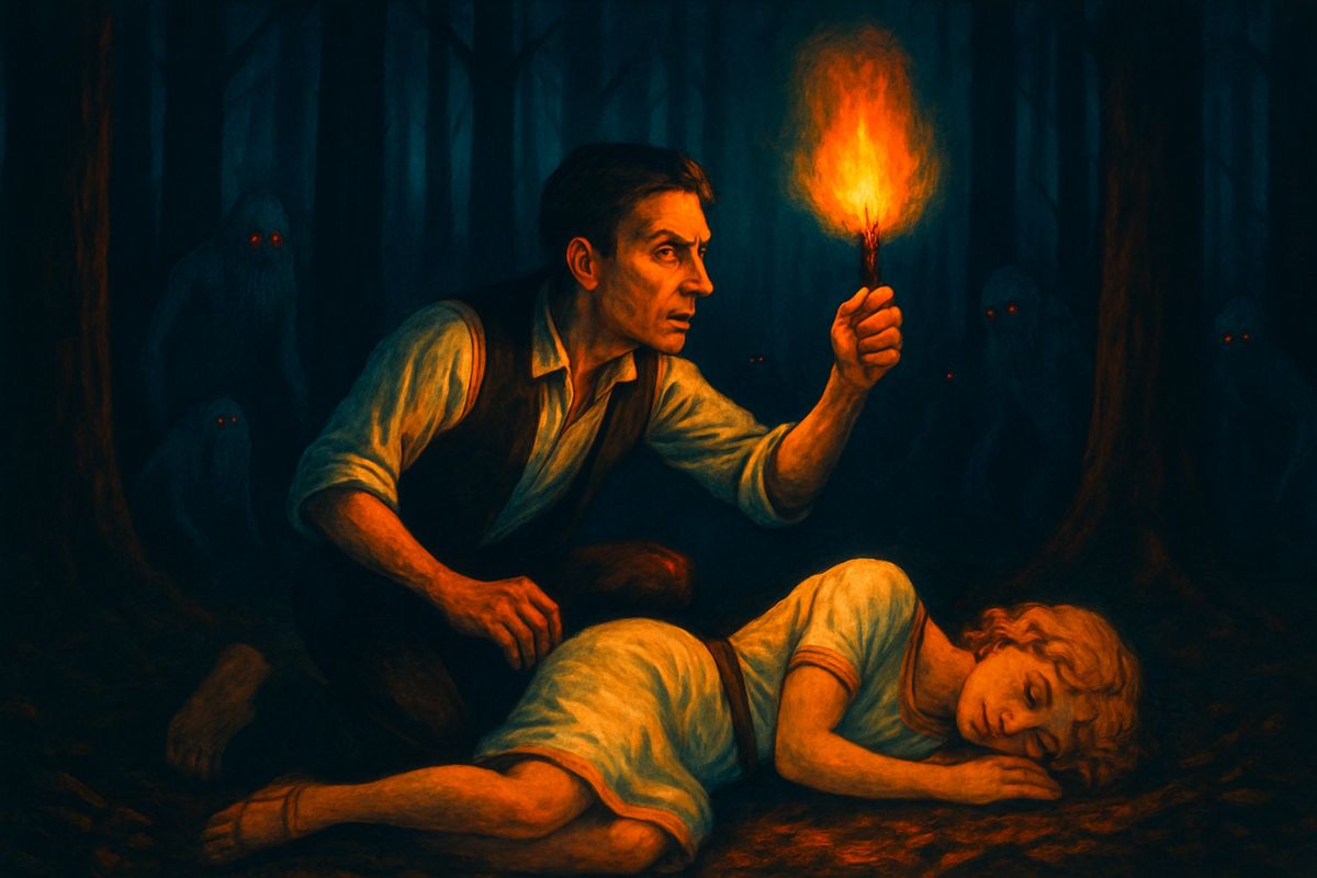 He carried her into the black wood, but soon came a pattering behind, then soft hands tugging at his coat. Weena shivered and went still. When his match flared, the Morlocks fled — and Weena lay in a faint at his feet. He had turned about so often that he was lost, so he built a smoky fire right there, while eyes shone around him “like carbuncles”.