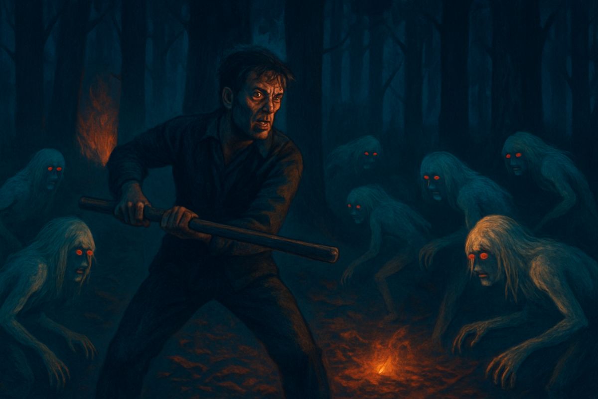 He sat to rest by the fire and woke in darkness, the fire out, his matches gone, soft hands dragging him down and little teeth nipping at his neck. His hand found the iron lever. With his back to a tree he swung it at the blackness — until the dark grew red, and the Morlocks began streaming past him in flight. His first fire was sweeping through the forest after them.