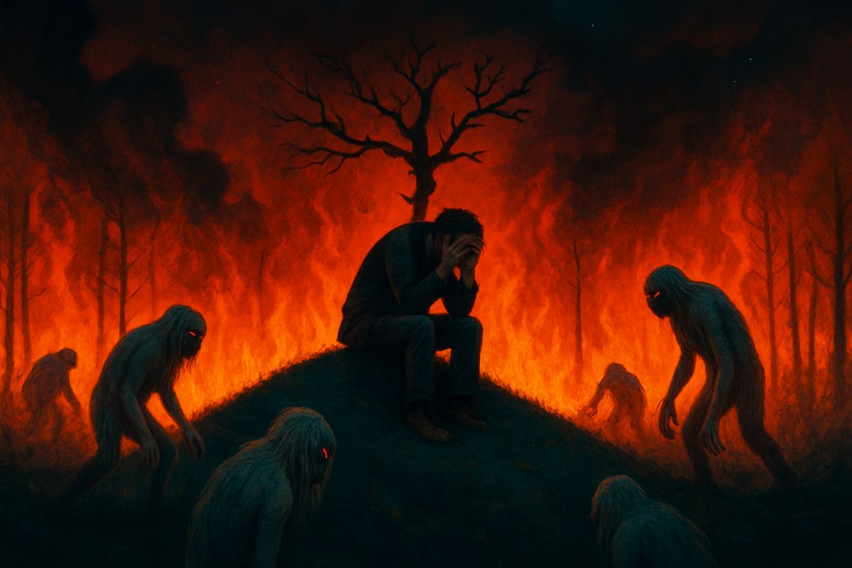 Racing the flames, he burst into a clearing ringed with fire. On a hillock under a scorched hawthorn, thirty or forty Morlocks blundered about, blinded and helpless in the glare, moaning to each other. Seeing their misery, he stopped striking. He searched every corner for Weena, but she was gone. All night he sat on the summit, begging to wake from the nightmare.