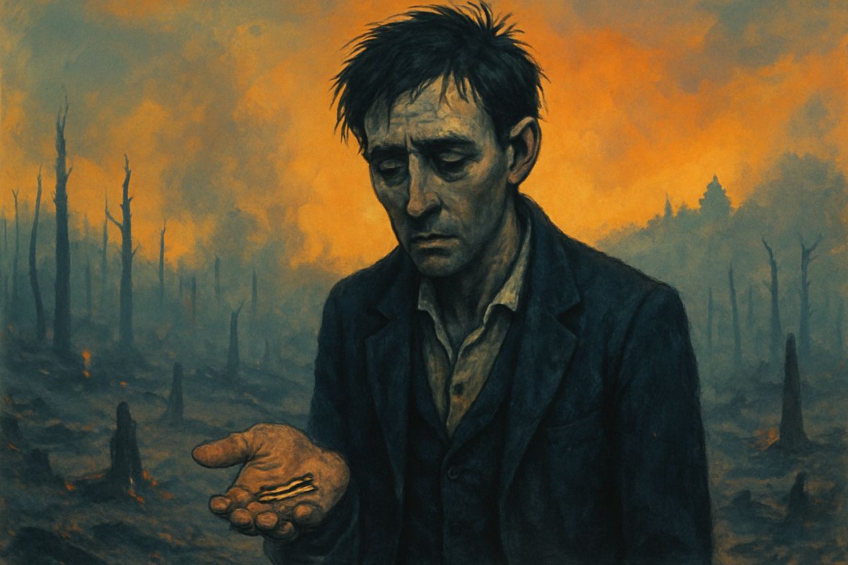 At dawn he searched once more, but there was no trace of Weena — lost somewhere in the burnt forest. Spotting the Palace of Green Porcelain through the haze, he tied grass about his feet and limped across the smoking ashes towards the Time Machine, terribly alone. Then, in his trouser pocket, he found a few loose matches after all.