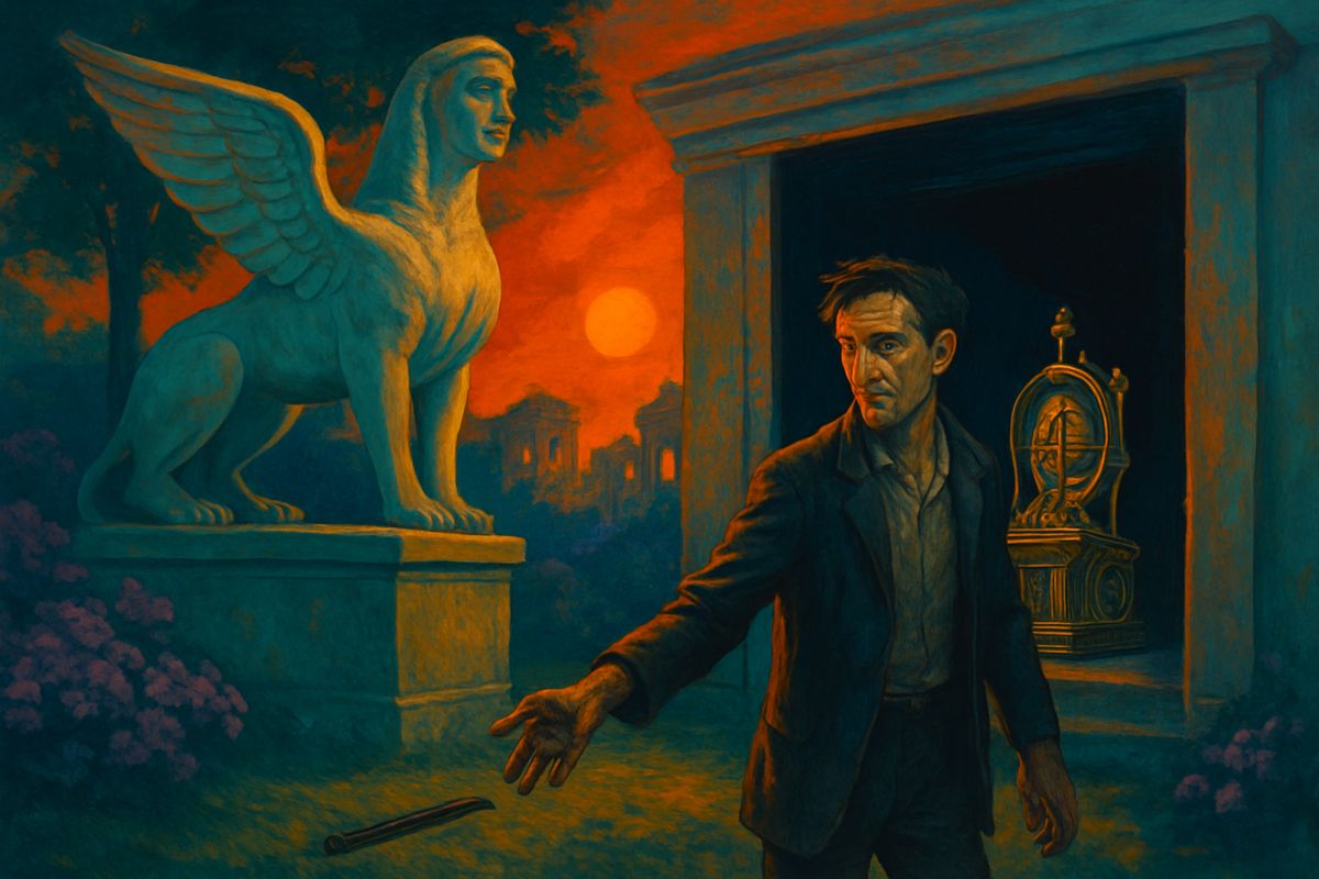 He slept through the day, then walked down to the White Sphinx at sunset with his crowbar and matches ready for a siege. Instead the bronze doors stood wide open. Inside, the Time Machine sat on a raised platform, cleaned and oiled. He guessed it was a trap, and nearly laughing, he threw away his bar and stepped inside.