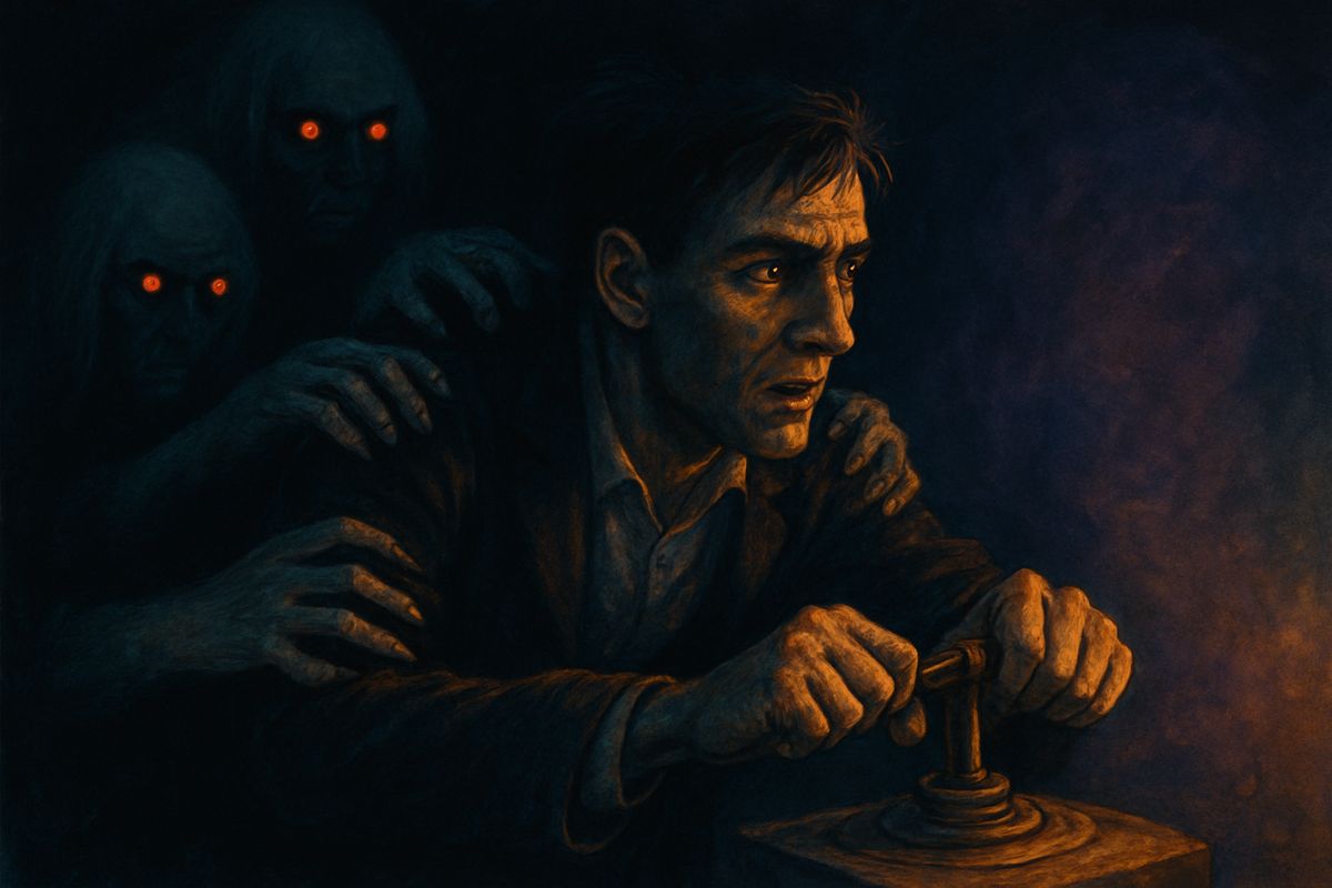 The bronze panels clanged shut behind him, and the Morlocks came giggling through the dark. His matches would light only on their box, so he fought blind, butting his head to win back a lost lever as pale fingers clutched at him. At last he fixed the lever on and pulled it over. The hands slipped away into the grey rush of time.