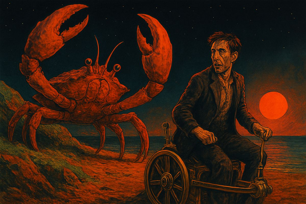 He fled forward, clinging to the saddle, until the days stopped and a huge red sun hung still above a silent, oily sea. Across the red rocks crept giant crabs as big as tables, and one reached its slimy claws down from behind him. He wrenched the lever and leapt on — a month, a century, a thousand years at a stride.
