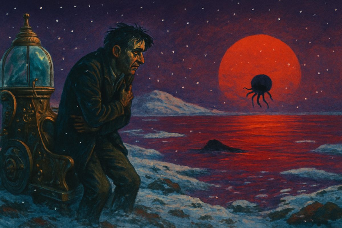 More than thirty million years on, the crabs had vanished and snow drifted over the lifeless beach. Out on a sandbank something round and black, trailing tentacles, hopped about. Then a shadow crept across the sun, the wind moaned, and the world sank into freezing, soundless black. "All the sounds of man, the cries of birds, the hum of insects — all that was over."