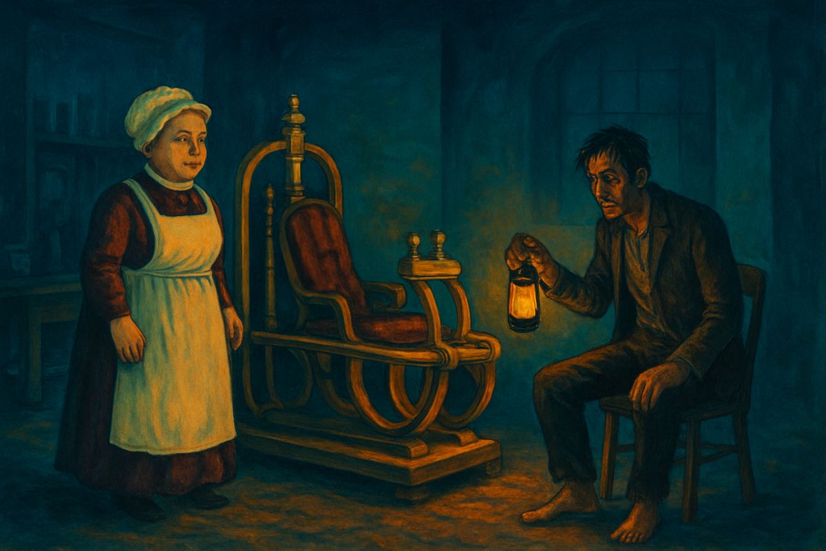 Sick and giddy, he dragged himself into the saddle and fled home as the sun turned golden and the sky blue again. Back in his own laboratory he glimpsed Mrs. Watchett gliding backward across the room, undoing her walk of that morning. Then the machine stopped; he sat trembling on his bench before limping towards the smell of dinner and his waiting guests.