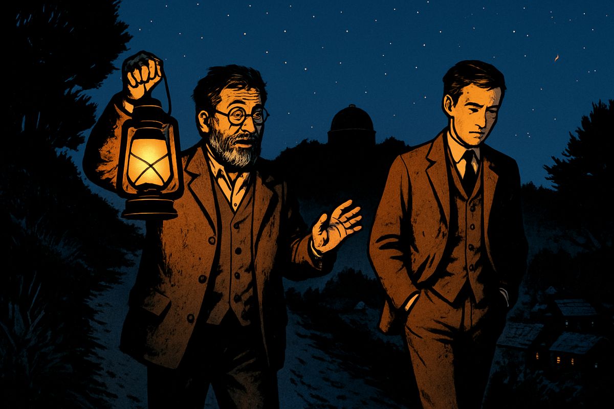 Walking back to his house by lantern-light, Ogilvy scoffed at the vulgar idea of Martians signalling to us; it was a shower of meteorites, he said, or a huge volcanic explosion. "The chances against anything manlike on Mars are a million to one." Below us, Ottershaw and Chertsey slept in peace.