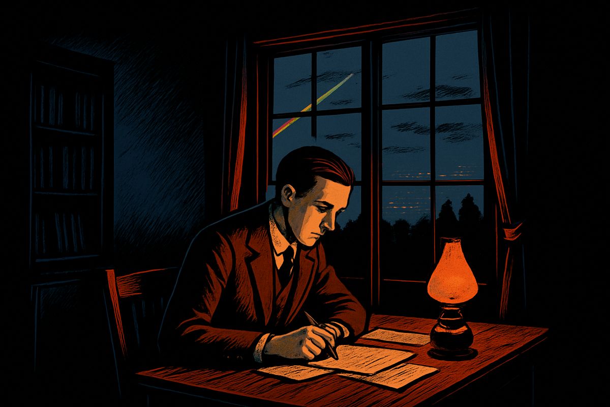 Then came the night of the first falling star. Early that morning it rushed eastward high over Surrey, a line of flame trailing a greenish streak. I sat writing in my study with the blind up and never looked up, though it must have fallen while I sat there. Hundreds saw it and took it for an ordinary meteor.