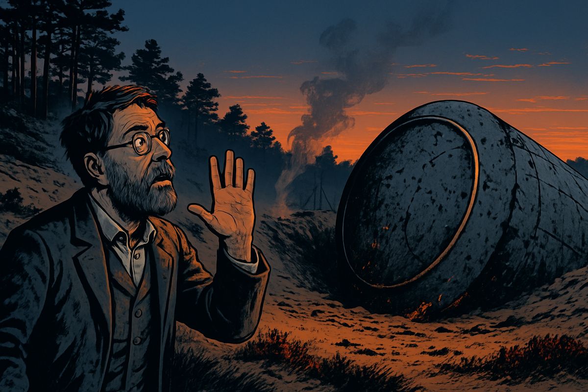 Ogilvy, sure a meteorite lay on Horsell Common, found it soon after dawn: a vast cylinder caked in grey ash in a smoking pit. As he watched, flakes fell from its end, and he saw the round top slowly turning. Something inside was unscrewing it. "Good heavens! There's a man in it—men in it! Half roasted to death!"