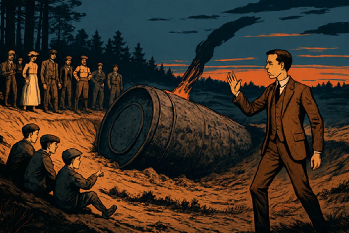 By nine the tale of "dead men from Mars" had spread, and I hurried to the sand-pits. About twenty people stood round the hole. Boys sat on the edge throwing stones at the huge mass until I stopped them. The rest stared in silence, plainly disappointed that this rusty-looking bulk showed no heap of charred corpses.