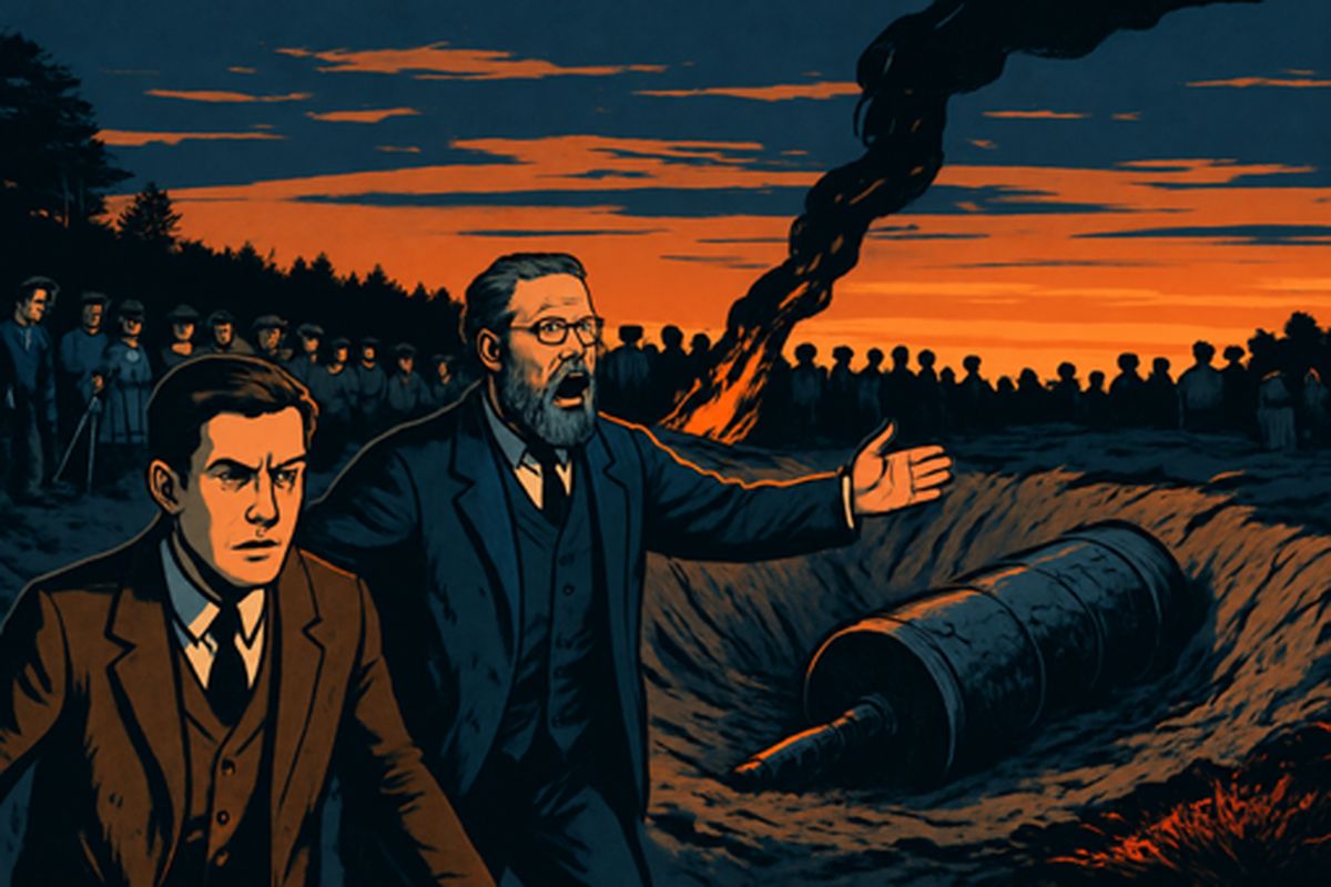 When I came back to the common at sunset, two or three hundred people were jostling about the pit, black against a lemon-yellow sky. The crowd had pushed a young shop assistant down onto the cylinder, and a strange humming rose from below. "Help keep these idiots back," Ogilvy cried. "We don't know what's in the confounded thing!"