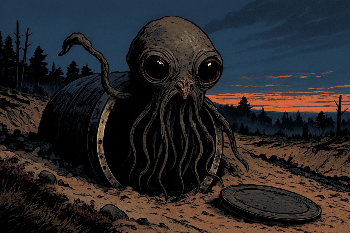 The lid fell upon the gravel with a ringing concussion. Everyone expected a man; instead, grey snake-like tentacles coiled out of the darkness, and then a greyish rounded bulk the size of a bear heaved itself up, glistening like wet leather. Its huge eyes fixed on me; its lipless V-shaped mouth quivered and panted. I stood petrified with disgust and dread.