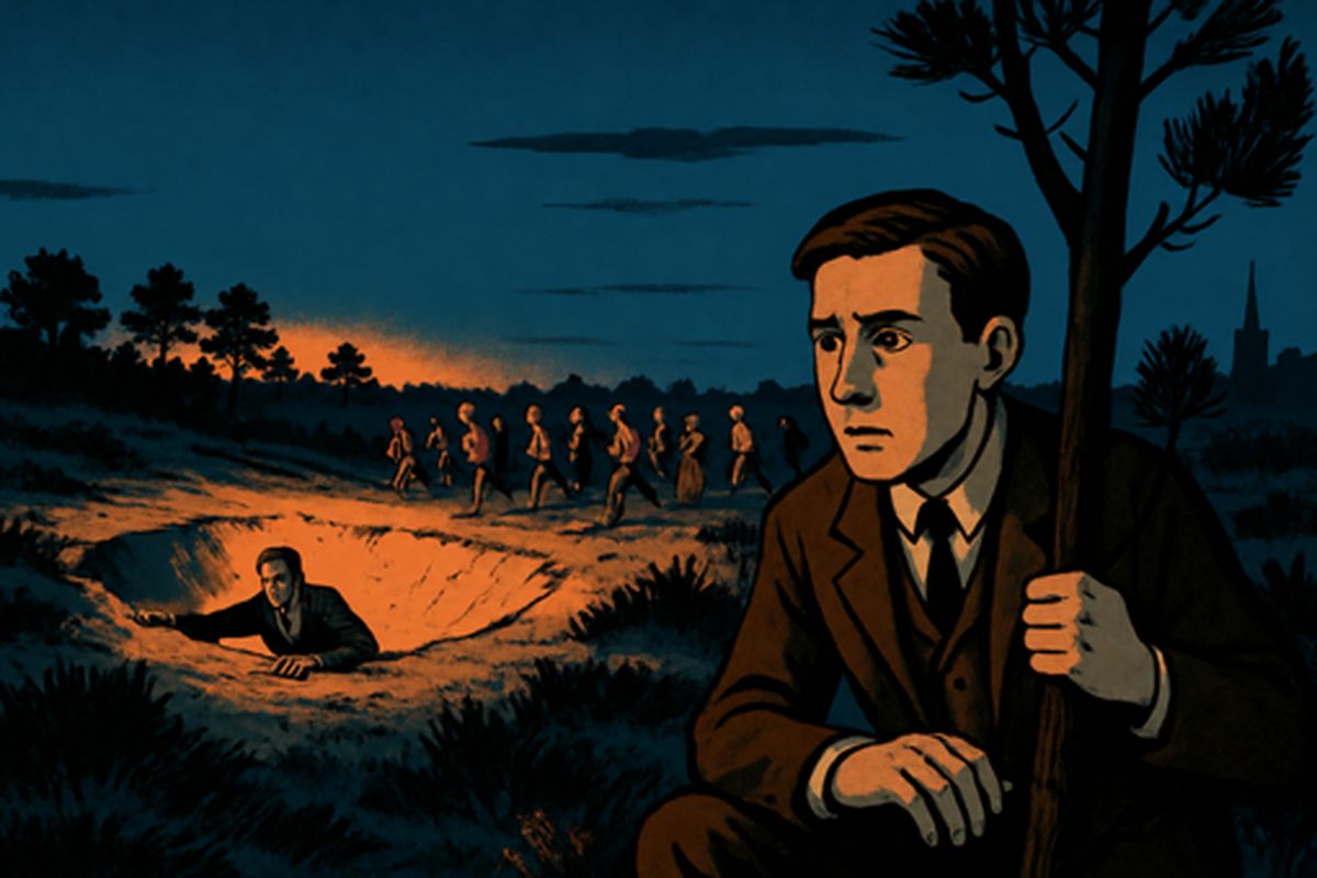The crowd broke and ran, and I ran too, stumbling, unable to turn my face away, until I reached a clump of young pines a hundred yards off. From there I saw the shopman's head bobbing on the pit's edge against the hot western sun. He struggled up, slipped back, and suddenly vanished, and my fear overruled my wish to help him.