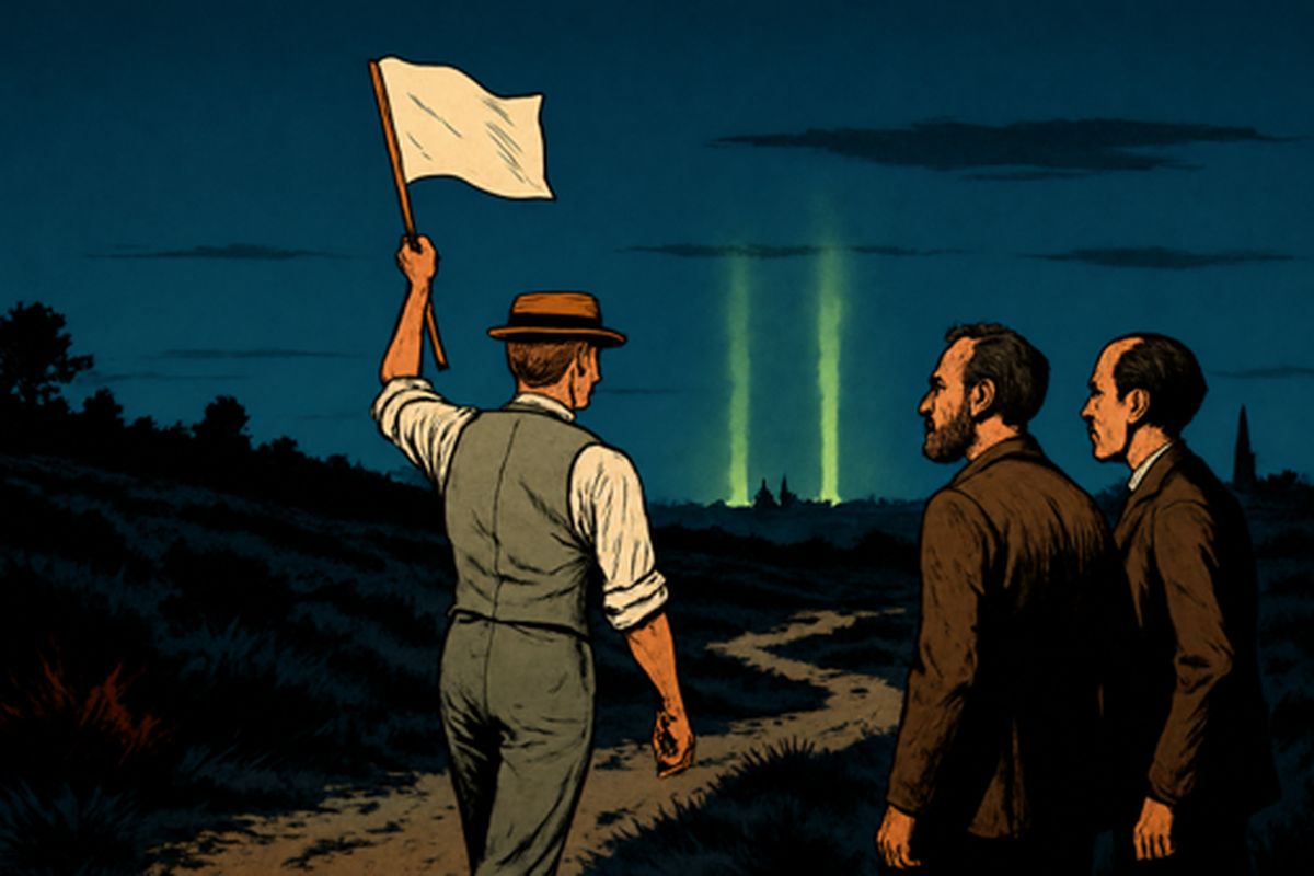 At dusk a Deputation crept towards the pit under a white flag, Ogilvy, Stent and Henderson among them, to show the creatures that we too were intelligent. Then three puffs of luminous green smoke shot up, a hissing swelled into a drone, and a humped shape rose from the pit. A silent flash leapt from man to man, and each was turned to flame.
